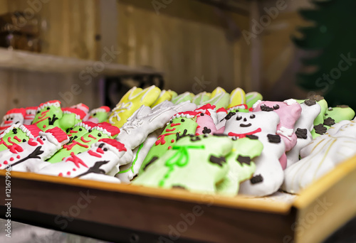 Stall with colorful sweets at Christmas Market Vilnius