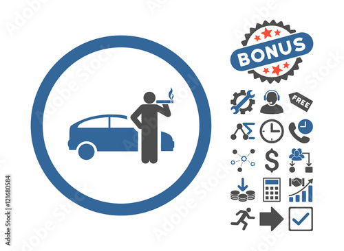 Smoking Taxi Driver icon with bonus pictogram. Vector illustration style is flat iconic bicolor symbols, cobalt and gray colors, white background.