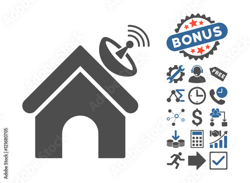 Space Antenna Building icon with bonus images. Vector illustration style is flat iconic bicolor symbols, cobalt and gray colors, white background.