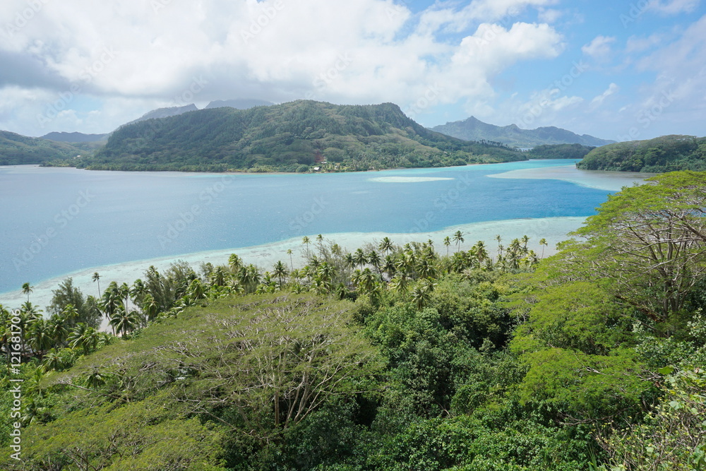Landscape of Huahine island, Bourayne bay, south Pacific ocean, Leeward islands, French Polynesia