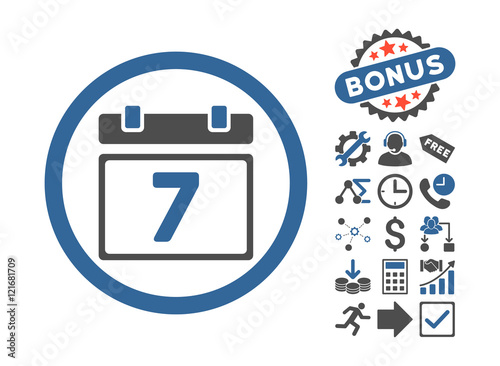 Week pictograph with bonus pictogram. Vector illustration style is flat iconic bicolor symbols, cobalt and gray colors, white background.