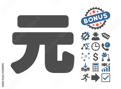 Yuan Renminbi icon with bonus icon set. Vector illustration style is flat iconic bicolor symbols, cobalt and gray colors, white background. photo