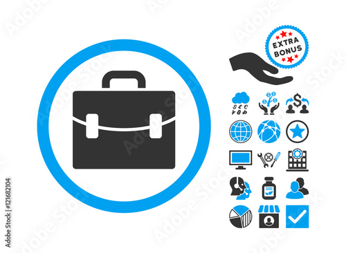 Case icon with bonus design elements. Vector illustration style is flat iconic bicolor symbols, blue and gray colors, white background.