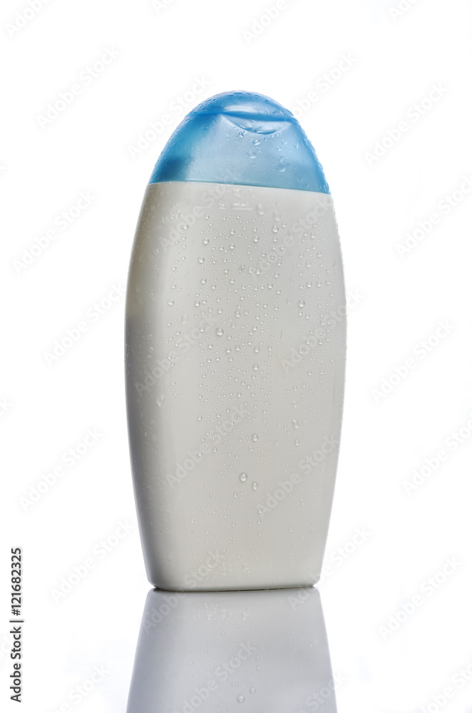 White shampoo jar with blue cap with drops. Isolated on white, path included White shampoo jar with blue cap with drops. Isolated on white, path included