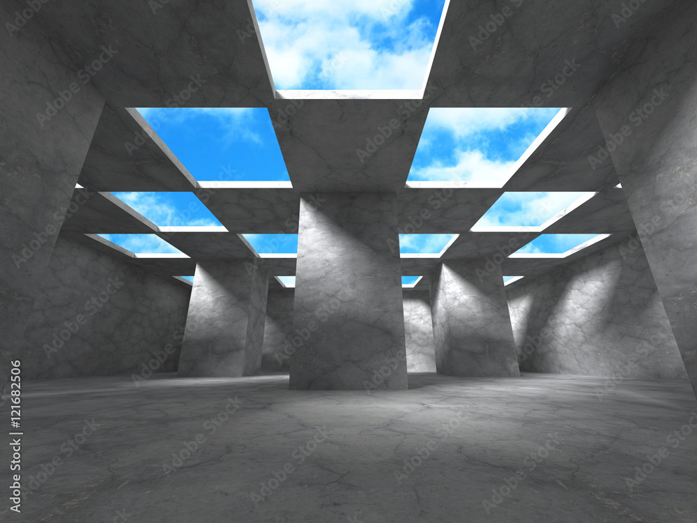 Fototapeta Tło architektury betonowej. Abstrakta pusty pokój z niebem