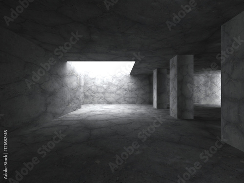 Concrete basement room interior with columns and lights