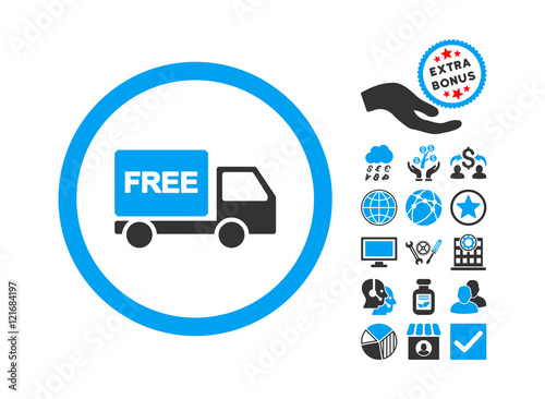 Free Delivery icon with bonus icon set. Vector illustration style is flat iconic bicolor symbols, blue and gray colors, white background.