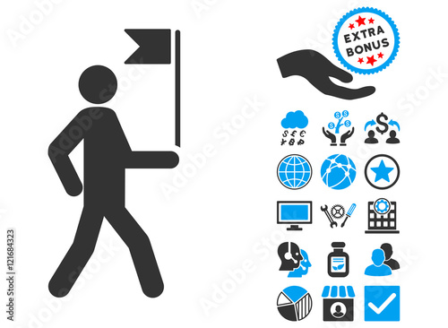 Guide Man With Flag icon with bonus pictograph collection. Vector illustration style is flat iconic bicolor symbols, blue and gray colors, white background.