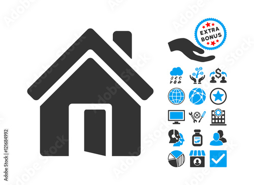 Open House Door icon with bonus pictures. Vector illustration style is flat iconic bicolor symbols, blue and gray colors, white background.