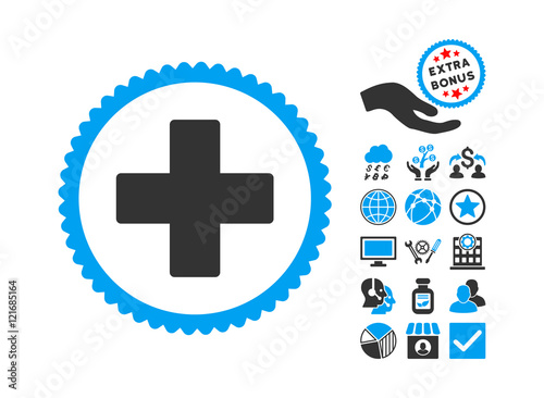 Plus pictograph with bonus symbols. Vector illustration style is flat iconic bicolor symbols, blue and gray colors, white background.