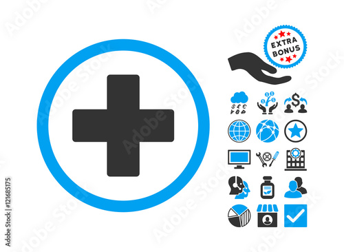 Plus pictograph with bonus elements. Vector illustration style is flat iconic bicolor symbols, blue and gray colors, white background.
