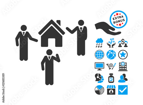 Realty Discuss Persons pictograph with bonus clip art. Vector illustration style is flat iconic bicolor symbols, blue and gray colors, white background.
