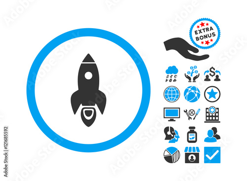 Rocket Start pictograph with bonus pictogram. Vector illustration style is flat iconic bicolor symbols, blue and gray colors, white background.