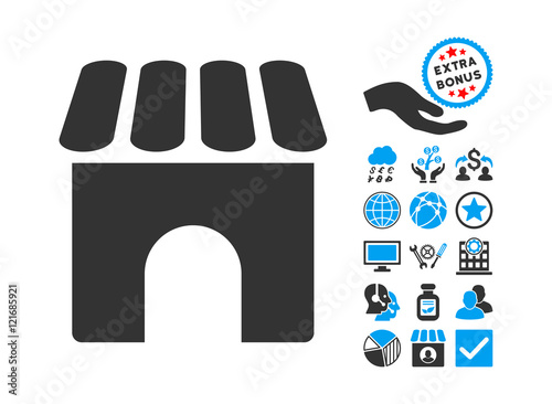 Shop pictograph with bonus symbols. Vector illustration style is flat iconic bicolor symbols, blue and gray colors, white background.