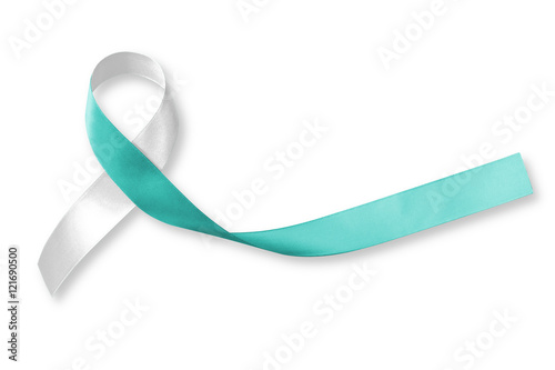 Teal White ribbon awareness support Cervical Cancer on white background (clipping path): Satin silk ribbon symbolic concept for raising concerns/ help/ campaign on people living with illness photo