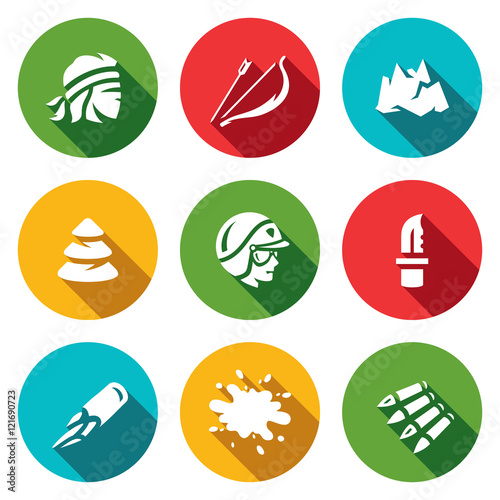 Vector Set of Survival in the forest and mountains Icons. Criminal, Bow, Arrow, Top, Tree, Cop, Knife, Count, Blood, Bullet.