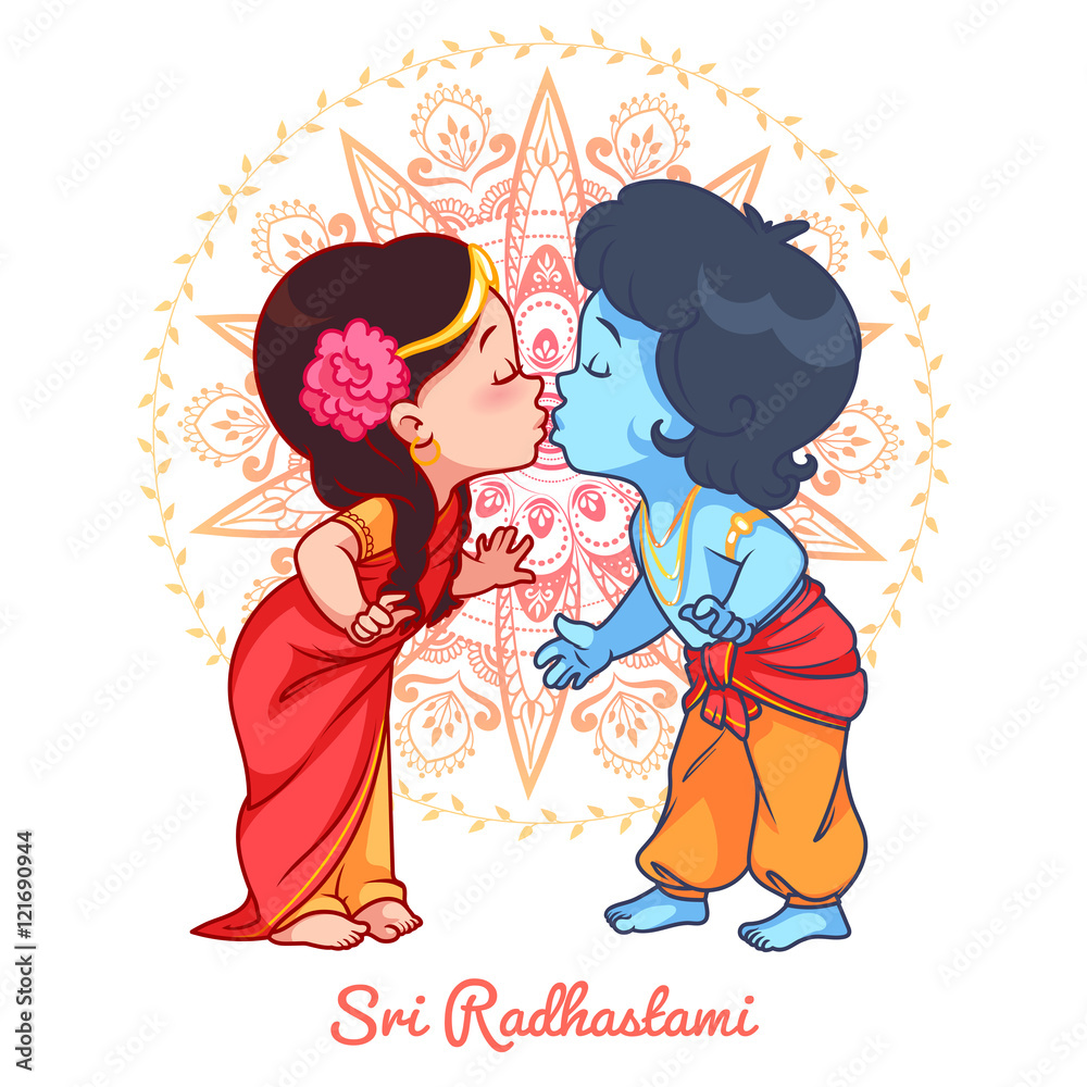 Little cartoon Krishna kissing Radha. Stock Vector | Adobe Stock