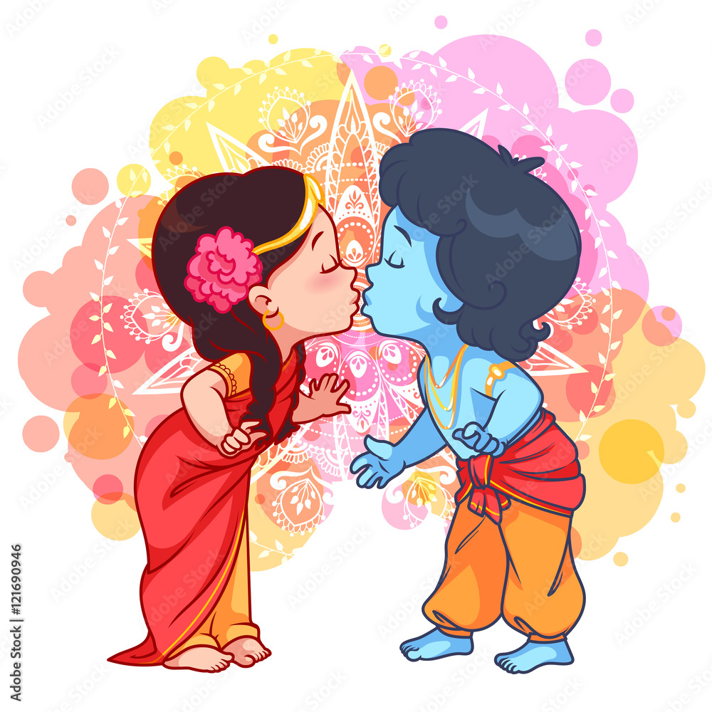 Little cartoon Krishna kissing Radha. Stock Vector | Adobe Stock