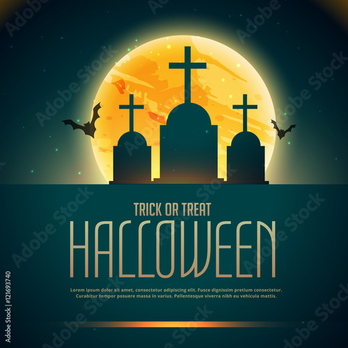 creepy halloween poaster with grave and flying bats photo