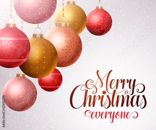 Merry christmas background with hanging colorful christmas balls and white space for greetings. Vector illustration.
