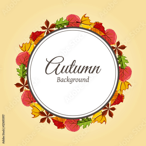 Wreath of autumn leaves vector illustration. Autumnal round frame. Background with hand drawn autumn leaves. Design elements.