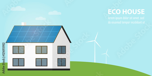Eco house vector illustration. House with blue solar panels on the roof. Wind generator turbines. Production of energy from the sun and wind. Modern alternative energy generation. Natural background