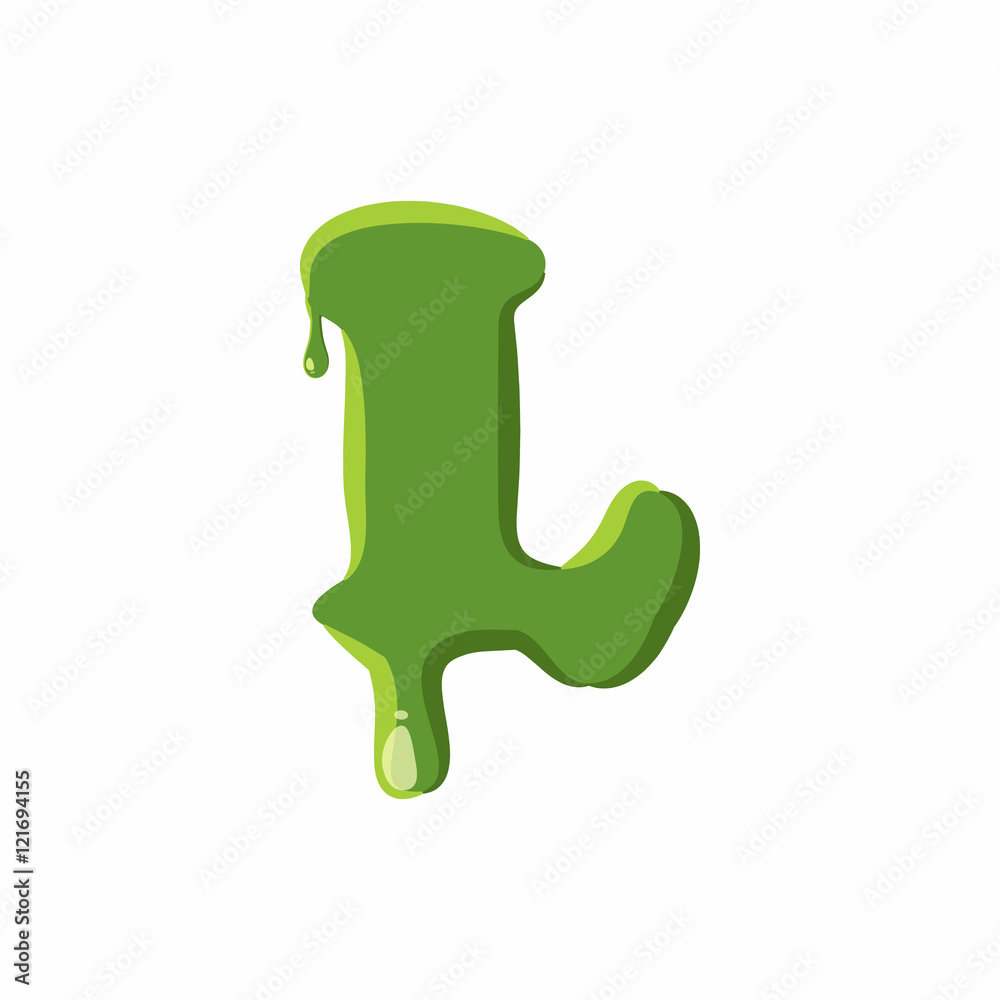 Letter L from latin alphabet with numbers and symbols made of green slime. Font can be used for Halloween design and other purposes