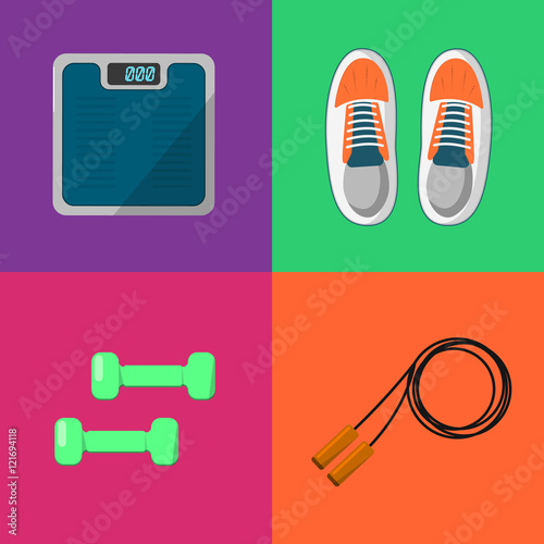 Vector illustration of gym sports equipment icons set. Skipping rope, sports shoes, dumbbells and weigher on color background. Healthy lifestyle. Athletic equipment. Different tools for sport.