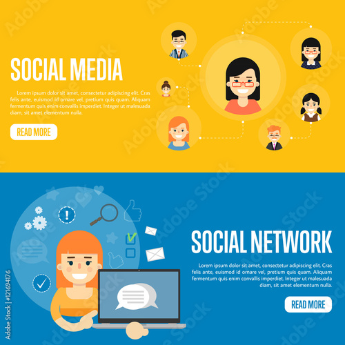 Smiling girl with own successful social network. Cartoon girl holding laptop with speech bubbles on screen. Social media network banners, vector illustration. Connecting people. Teamwork concept