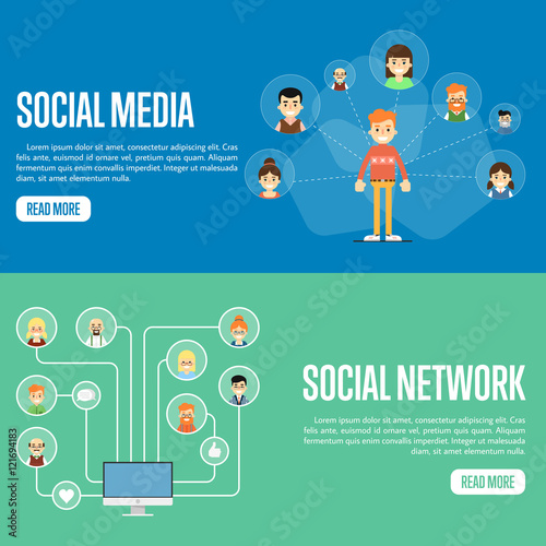 Smiling cartoon boy with own successful social network. Round people icons connected with laptop. Social media network banners, vector illustration. Creative network, information process. Teamwork.