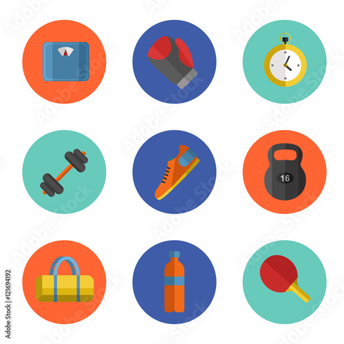 Vector illustration of gym sports equipment icons set. Boxing gloves, weight, bag, sports shoes, tennis racket, bottle, dumbbell, stopwatch and weigher on color background. Different tools for sport.