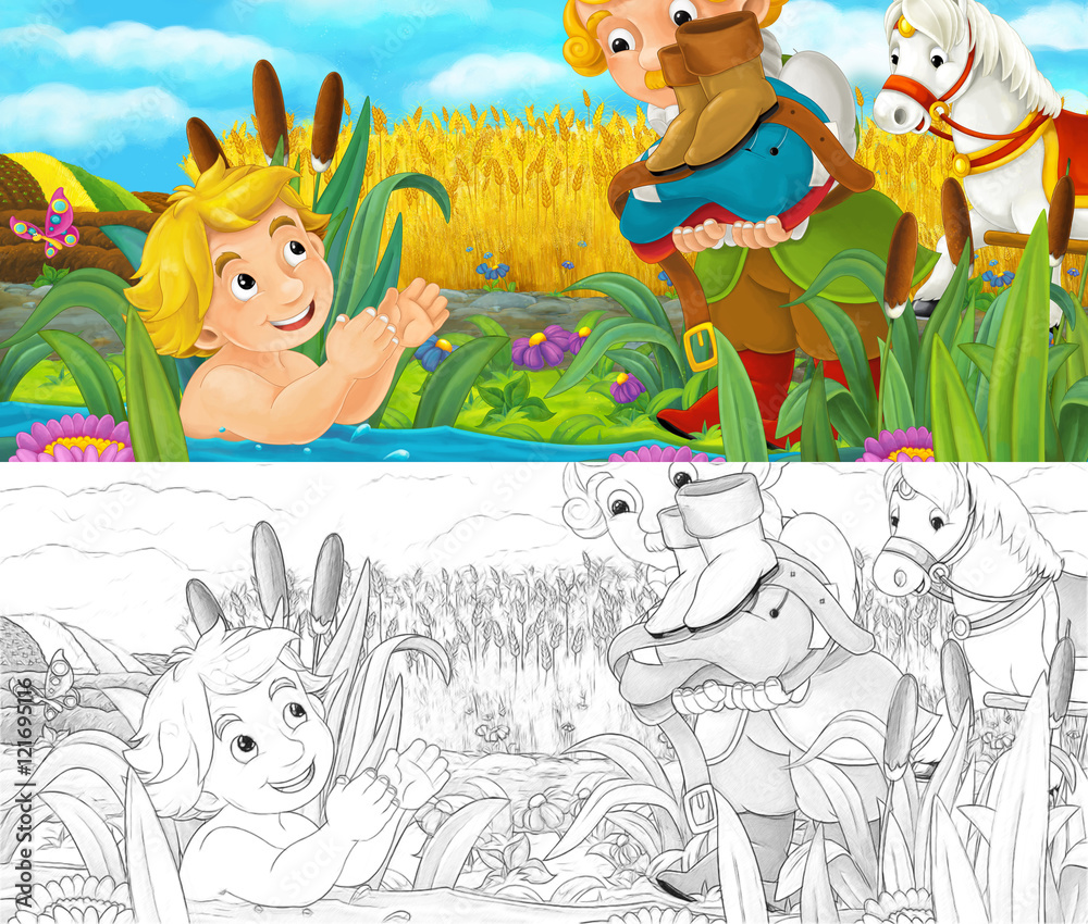 Fototapeta premium Cartoon scene with prince and servant by the water - illustration for children