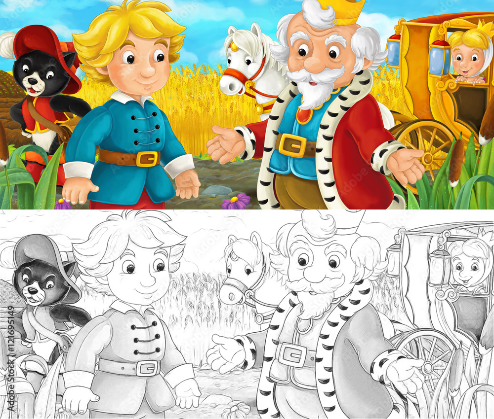 Naklejka premium Cartoon scene with royal pair driving through the pastures - with coloring page - illustration for children