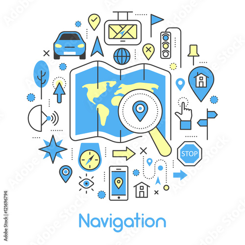 Navigation Cartography Thin Line Vector Icons Set with Map and GPS