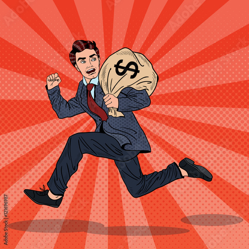 Pop Art Businessman Escapes Taxes with Money Bag. Vector illustration