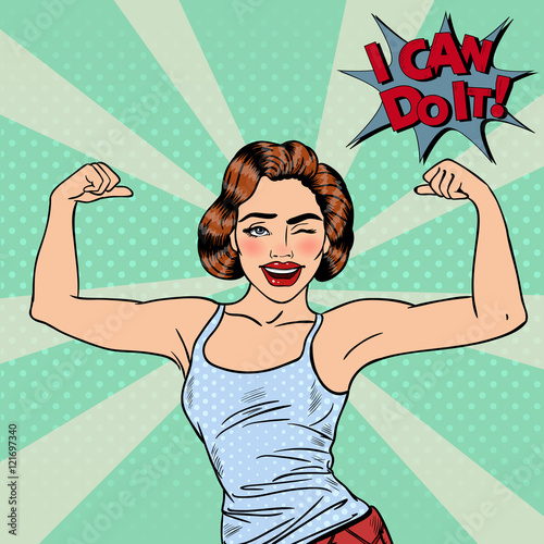 Young Pretty Pop Art Woman Winks and Showing Muscles. Vector illustration