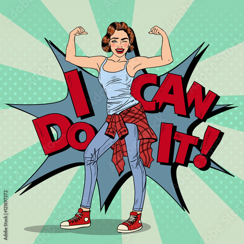 Young Pretty Pop Art Woman Winks and Showing Muscles. Vector illustration
