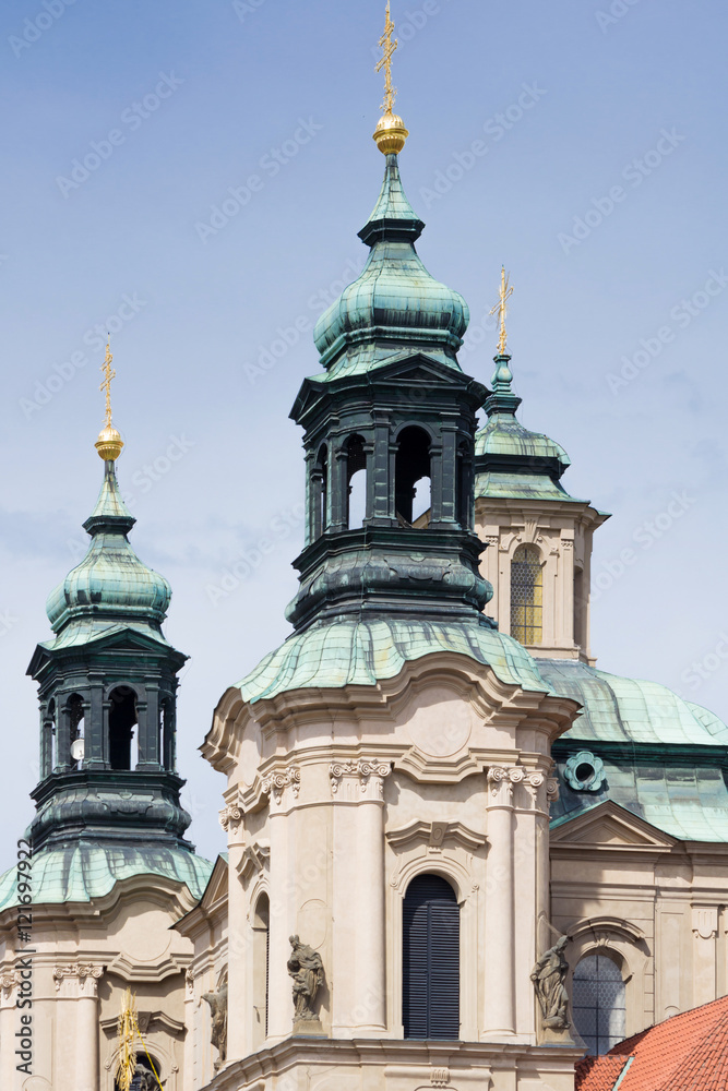 towers of an old catholic church in Prague Czech republic