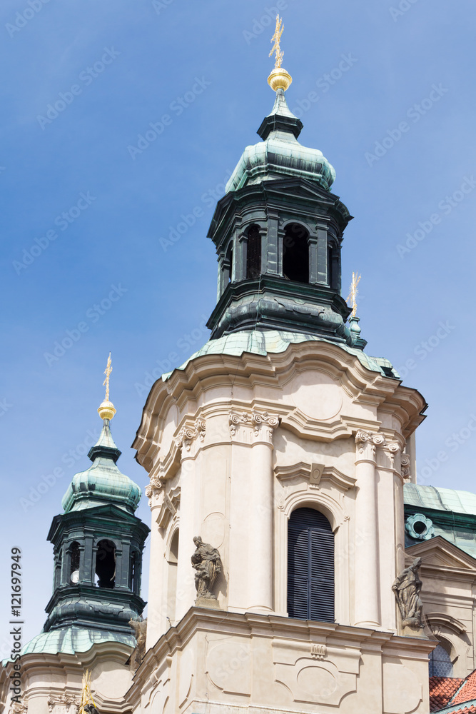 towers of an old catholic church in Prague Czech republic