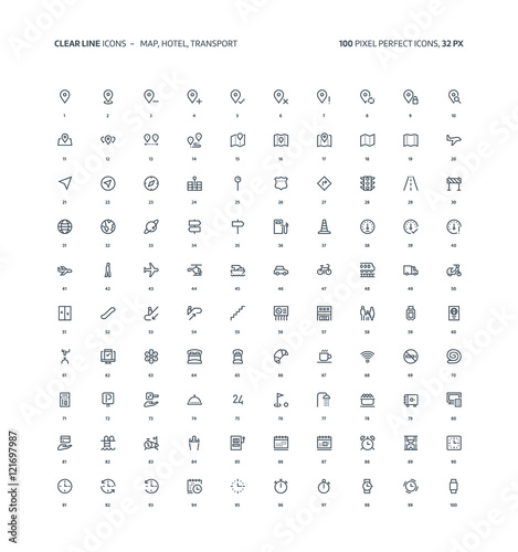 Map, hotel clear line icons