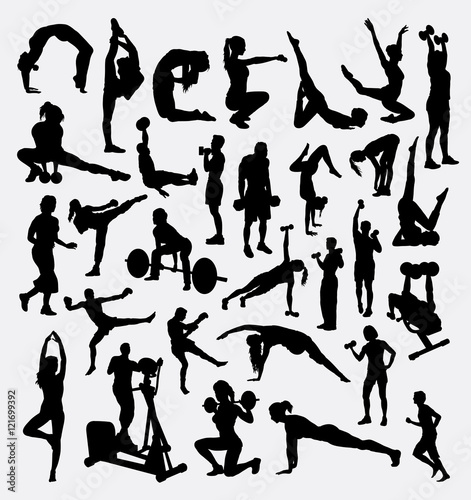 Fitness, gymnastic, aerobic, stretching, training, exercise sport bundle silhouette. Good use for symbol, logo, web icon, mascot, sticker, sign, or any design you want.