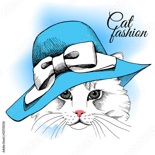 Cat portrait in a blue summer hat with bow. Vector illustration.