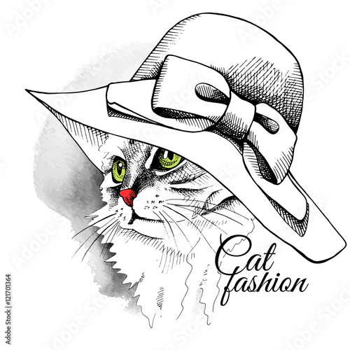 Cat portrait in a summer hat with bow. Vector illustration.