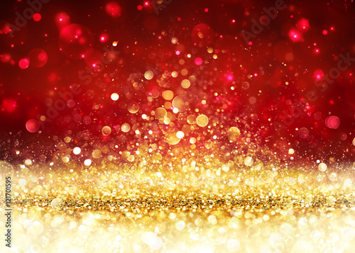 Christmas Background - Golden Glitter On Shiny Red

