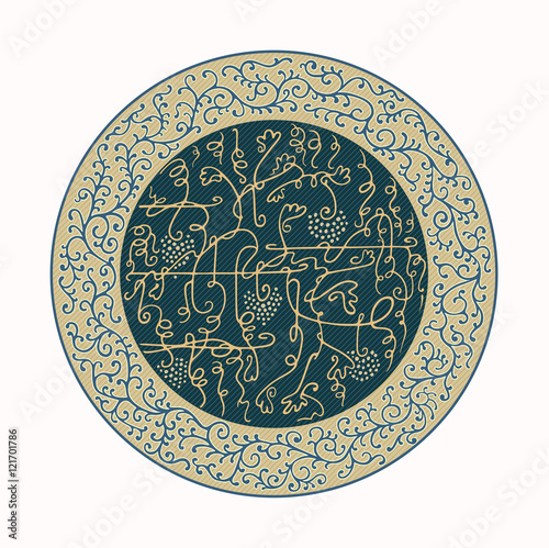 Ornament in the circle with a vine. Design element for denim clothing.
Textile badge.
