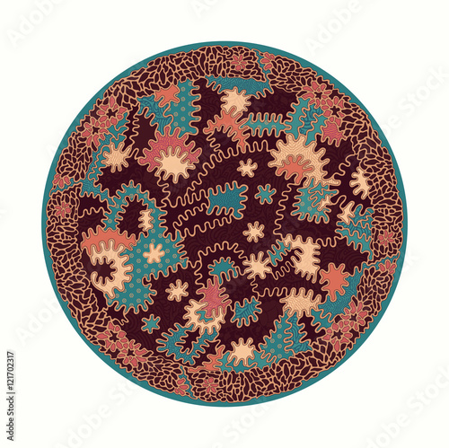 Figure in the circle for a plate or decorative panels. Crosslinked pieces of cloth.
Multicolored lace pattern. Round ornament patchvork style.