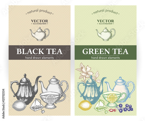Black tea and green tea labels hand drawn vector