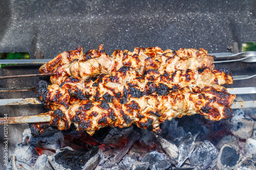 Shashlik cooked on an open fire