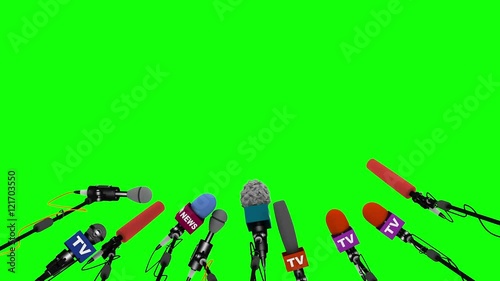 Press and media conference microphones animated on green background