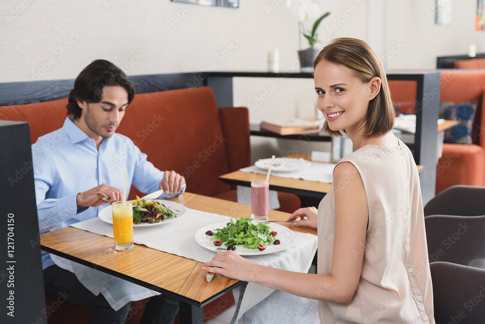 Man and woman having lunch at cafe Man and woman having lunch at cafe